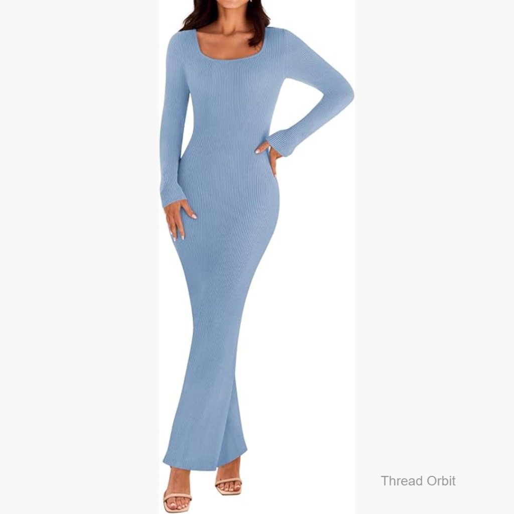 Long Sleeve Bodycon Maxi Dress Ribbed Knit Square Neck Slim Fit